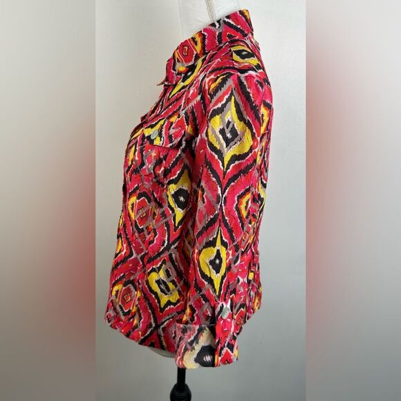 Ruby Rd Womens Red Yellow Brown 3/4 Roll Tab Sleeve Button Front Crop Shacket 14 - Picture 3 of 7